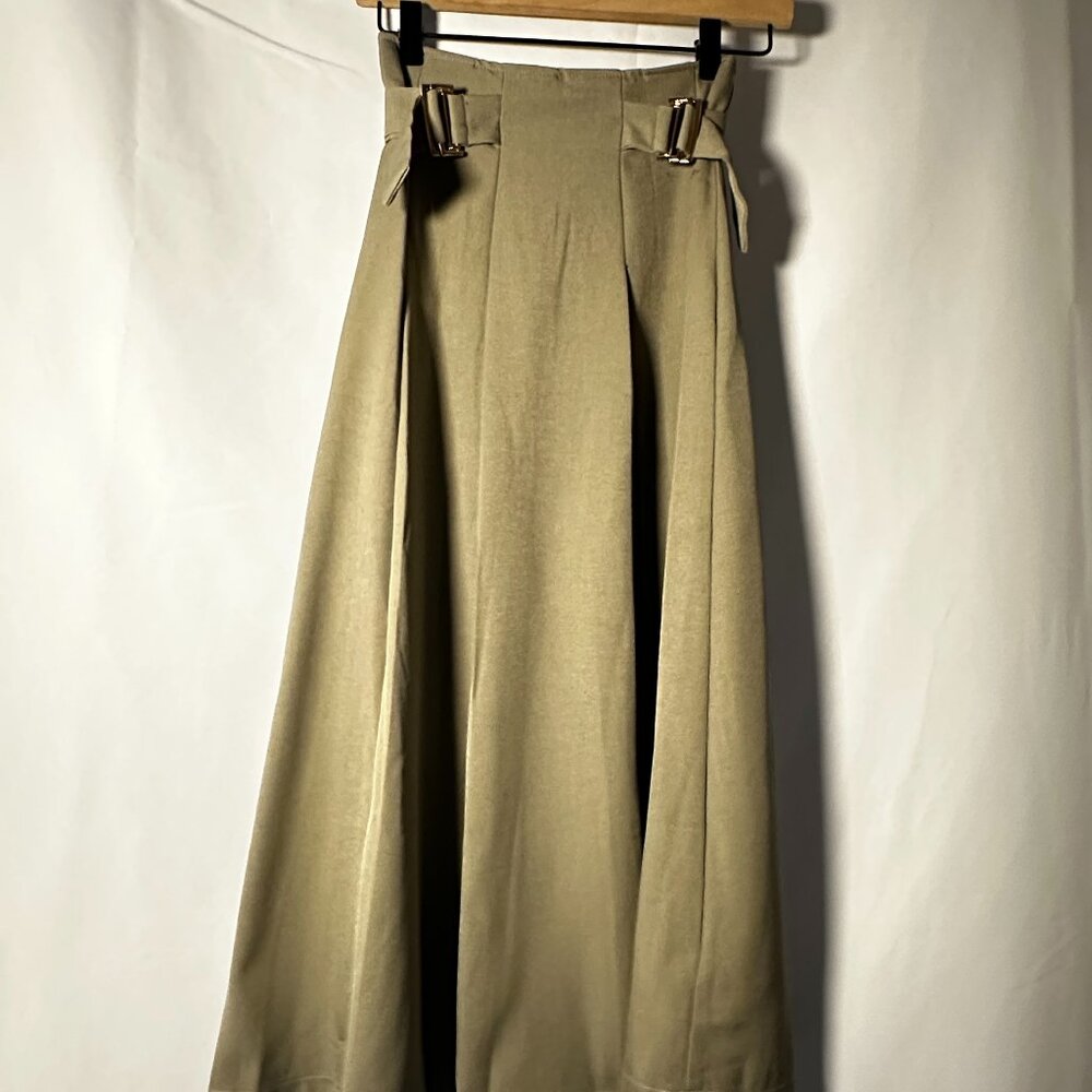 Olive Green A-Line Midi Skirt Gold Buckle Waist Detail Size XS